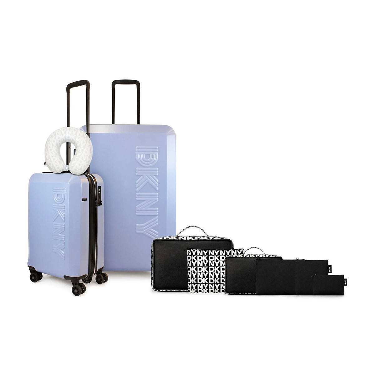 Set 2 Maletas DKNY Beveled S+L Celeste + Almohada + Organizador 6 piezas