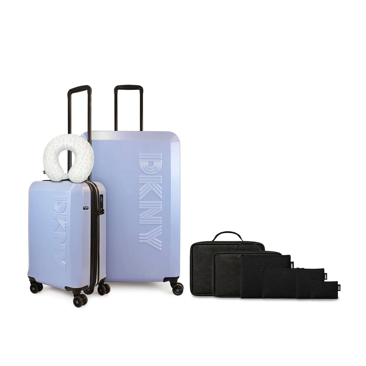 Set 2 Maletas DKNY Beveled S+L Celeste + Almohada + Organizador 6 piezas negro