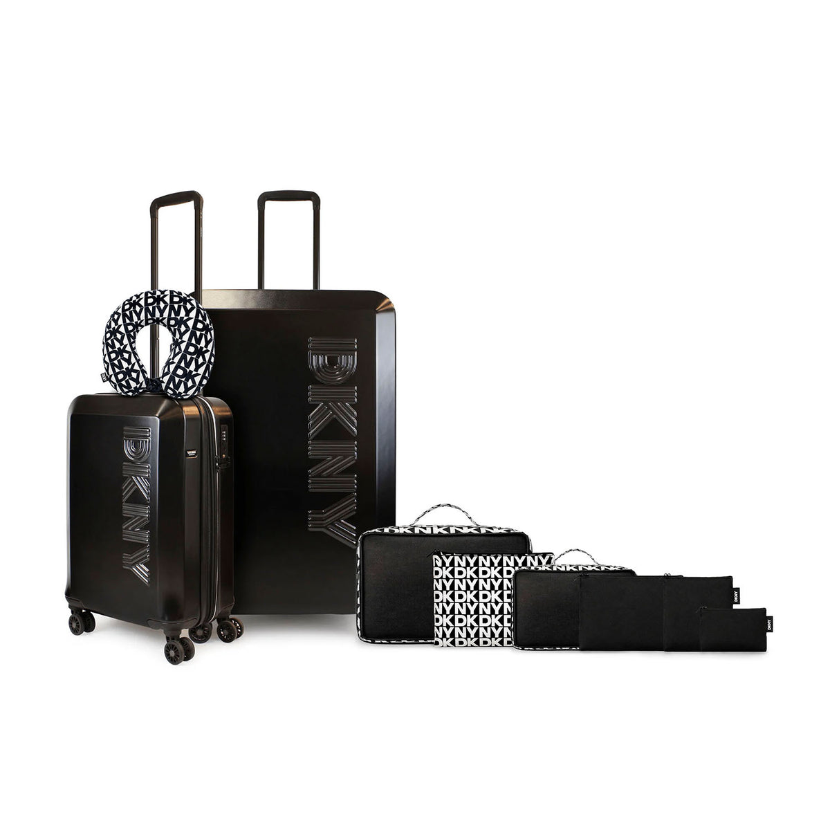 Set 2 Maletas DKNY Beveled S+L negra + Almohada + Organizador 6 piezas
