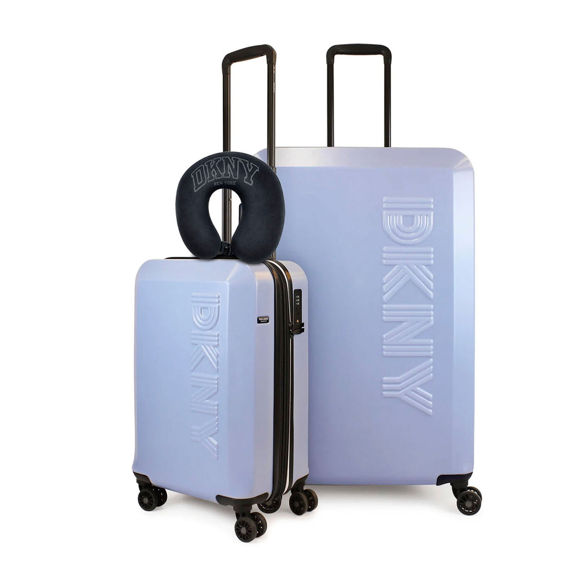 Pack 2 Maletas DKNY Beveled S+L Celeste + Almohada de Viaje Varsity Negro