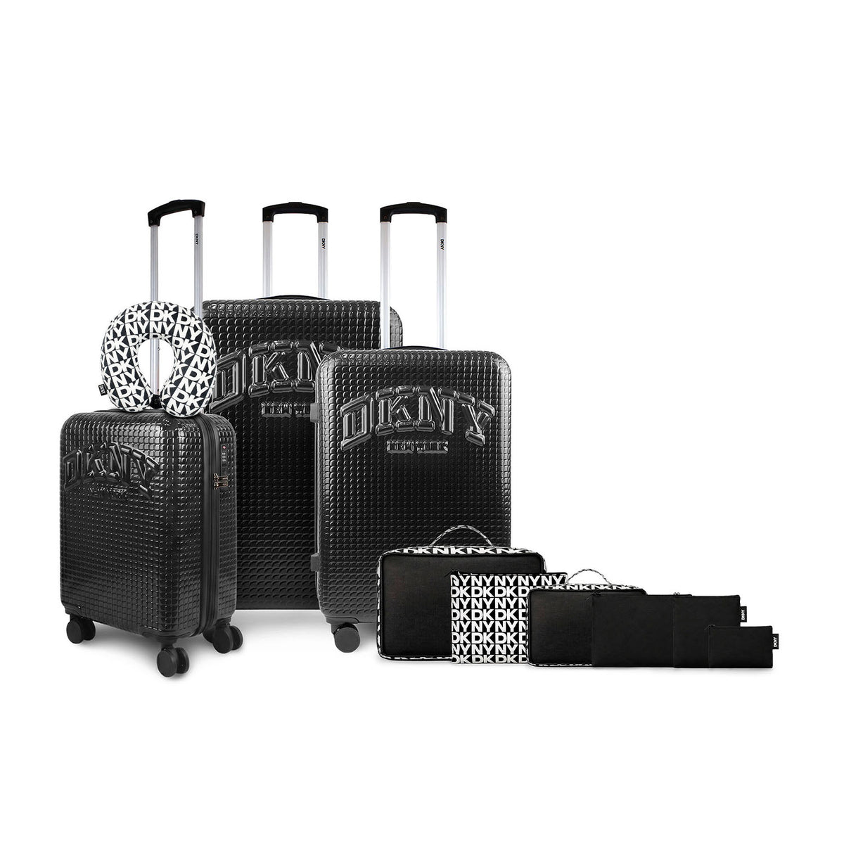 Set 3 Maletas DKNY Hot Town + Almohada + 6 Organizadores de Viaje negro